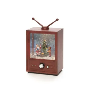 Met Water Gevulde Lantaarn In De Vorm Van Een Tv Bruin Van Konstsmide - Deze met water gevulde lantaarn in de vorm van een retro-tv toont een sfeervol tafereel met de Kerstman, een jongen en een versierde kerstboom.