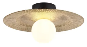 Riga Ø33 Goud plafondlamp Van Globo Lighting - Lampan &auml;r tillverkad av mattsvart metall och den platta sk&auml;rmen i plast med nyanser av svart, guld och opal ger den en modern och sofistikerad design.