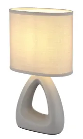 Triangle 30cm Grijs tafellamp Van Globo Lighting - Den triangelformade basen med ett stilrent utskuret h&aring;l ger ett modernt intryck, medan den ovala textilsk&auml;rmen i gr&aring; f&auml;rg sprider ett behagligt och j&auml;mnt ljus.
