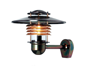 Arnäs Geoxideerd koper buitenlamp Van Westal - De wandlamp van Arná is een stijlvol armatuur met een rond lichtpatroon en een heldere glazen kap die de lichtbron omringt.