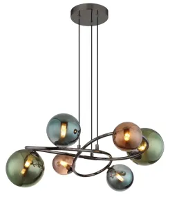 Riha 62cm Veelkleurig hanglamp Van Globo Lighting - De olika glaskulorna i brons, gr&ouml;nt och petrol ger lampan en dynamisk och lekfull karakt&auml;r samtidigt som de skapar en visuellt intressant ljusbild.