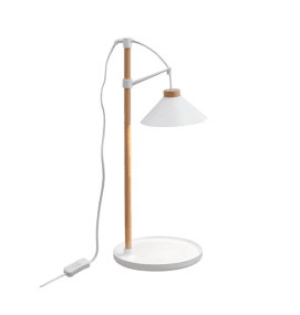 Plantlamp Lily Wit Van Airam - Het houten handvat van het armatuur is bevestigd aan een rond dienblad waarop u een bloempot kunt plaatsen om de plant van extra licht te voorzien.