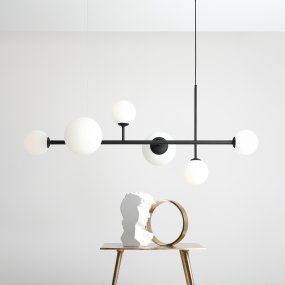 Dione 130cm Zwart hanglamp Van Artera - Met meerdere ronde bollen van opaalglas, gemonteerd op een stijlvol zwart metalen frame, verspreidt de lamp een zacht en egaal licht dat een harmonieuze sfeer in de kamer creëert.