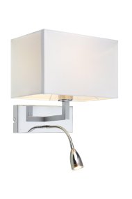 Savoy Chroom leeslamp Van Markslöjd - Een stijlvolle wandlamp met een witte textielen kap en een aparte chromen leeslamp, perfect voor in de slaapkamer.