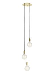 Sky Ø25 Messing hanglamp Van Markslöjd - Plafondlamp uit de Sky-serie, met drie messing fittingen en een zwart textielsnoer dat op verschillende hoogtes aan een ronde plafondbeugel hangt.