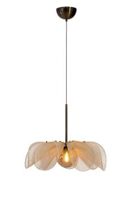 Styrka Ø63 Beige hanglamp Van Markslöjd - De lamp heeft een lampenkap van bananenvezels die op een bloem lijkt, met aan de binnenkant amberkleurig glas dat een aangenaam licht verspreidt.
