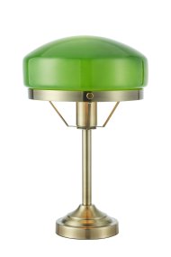 Aurelia 40cm Antiek messing/groen tafellamp Van Markslöjd - De antieke messingkleurige metalen voet is gecombineerd met een zacht gevormde kap van groen glas, wat de lamp een klassieke en stijlvolle uitstraling geeft.