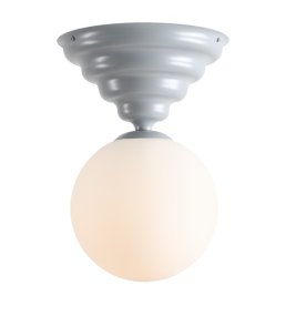 Wave Ø30 Blauw plafondlamp Van Artera - Hij heeft een blauwgrijze voet met een zacht golvend design en een ronde witte glazen kap die een aangenaam en egaal licht verspreidt.