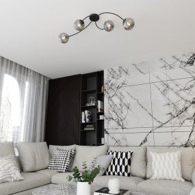 Vibra 110cm Rookkleurig plafondlamp Van Emibig Lighting - De lampenkappen van gerookt glas verspreiden een zacht en diffuus licht, wat de kamer een lichte en moderne uitstraling geeft.