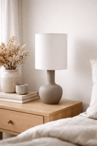 Lill Boda 52cm Zand tafellamp Van Nordic Lighting - De combinatie van de strakke lijnen en de natuurlijke materialen maakt de lamp tot een opvallend pronkstuk dat zowel op een bijzettafel als op een bureau prachtig staat.