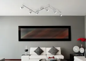 Matrix 6 Nikkel spot Van Globo Lighting - 6st spotlights &auml;r monterade l&auml;ngs konstruktionen och ger en kraftfull belysning med 1500 lumen och en varmvit ljusf&auml;rg p&aring; 3000K, vilket skapar en behaglig atmosf&auml;r.