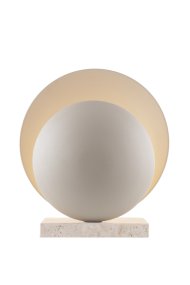 Orbit 32cm Beige tafellamp Van Globen Lighting - De metalen kappen zijn gecombineerd met een travertijnstenen voet voor een esthetisch aantrekkelijke uitstraling.