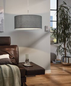 Pasteri Ø53 Grijs hanglamp Van Eglo - Met een grijze, stoffen kap en een elegante metalen ophanging past hij perfect in zowel de woonkamer als de eetkamer.