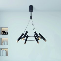 Cylinder Ø70 Zwart hanglamp Van Searchlight - De cilindervormige plafondlamp met 6 lichtpunten in de kleuren zwart en goud is een echte blikvanger in elke kamer.