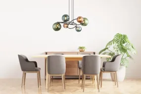 Riha 62cm Veelkleurig hanglamp Van Globo Lighting - De olika glaskulorna i brons, gr&ouml;nt och petrol ger lampan en dynamisk och lekfull karakt&auml;r samtidigt som de skapar en visuellt intressant ljusbild.