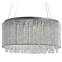 Elise Ø40 Chroom hanglamp Van Searchlight - Het gepolijste chromen frame is versierd met gedraaide aluminium staven en heldere kristallen druppels die het licht van de acht lichtbronnen weerkaatsen en een stijlvolle elegantie cre&euml;ren.