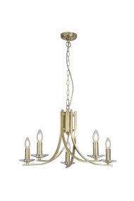 Ascona Ø62 Messing Van Searchlight - Ascona is een metalen kroonluchter met een satijn messing afwerking en een zacht gebogen armontwerp dat een elegante, tijdloze uitstraling geeft.