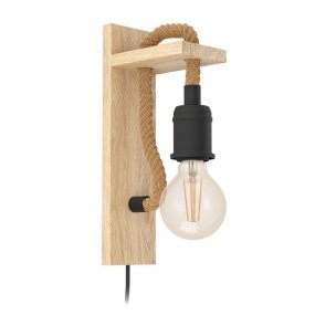 Rampside 30cm Natuur wandlamp Van Eglo - De stevige houten basis en het natuurlijke touwdetail geven het een unieke, handgemaakte uitstraling, terwijl de zichtbare gloeilamp een industrieel tintje toevoegt.