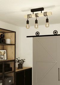 Townshend 55cm Hout plafondlamp Van Eglo - De drie kabels met E27 fittingen zijn om de houten balk gewikkeld, waardoor u de hoogte en de uitstraling naar eigen wens kunt aanpassen door ze te draaien.