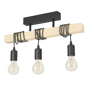 Townshend 55cm Hout plafondlamp Van Eglo - De drie kabels met E27 fittingen zijn om de houten balk gewikkeld, waardoor u de hoogte en de uitstraling naar eigen wens kunt aanpassen door ze te draaien.