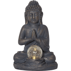 Buddha Grijs solarlamp Van Star Trading - De transparante bol aan de voorkant geeft een zachte, warmwitte gloed af wanneer het donker wordt en cre&euml;ert een harmonieuze sfeer.