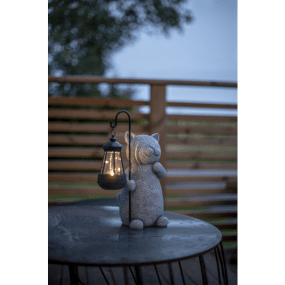 Smilla Grijs solarlamp Van Star Trading - Een kat houdt een lantaarn vast die een gezellig, warm wit licht uitstraalt.