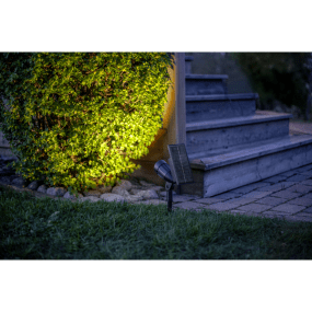 Powerspot Zwart solarlamp Van Star Trading - Functionele solar schijnwerper met zowel warm wit licht als 5 stijlvolle kleuren: roze, blauw, groen, geel en rood, die met een knop te selecteren zijn.