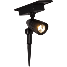 Powerspot Zwart solarlamp Van Star Trading - Functionele solar schijnwerper met zowel warm wit licht als 5 stijlvolle kleuren: roze, blauw, groen, geel en rood, die met een knop te selecteren zijn.