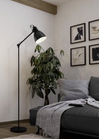 Priddy Zwart vloerlamp Van Eglo - De witte binnenkant van de kap zorgt voor een zacht en aangenaam licht, terwijl de lamp een stijlvol detail in de kamer vormt.