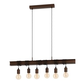 Townshend 100cm Bruin hanglamp Van Eglo - De lamp heeft een unieke en stijlvolle uitstraling dankzij de zes zichtbare lichtbollen die aan een bruin stalen frame en zwarte kabels hangen.