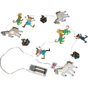 Pippi Veelkleurig kinderlamp Van Star Trading - Pippi met haar jas op een rij met meneer Nilsson en het oude mannetje.