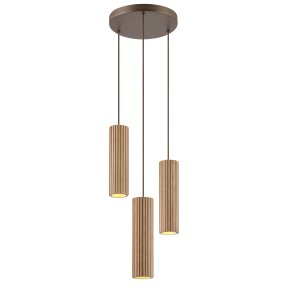 Lakewood Ø28 Hout hanglamp Van Brilliant - De pendels hangen aan een ronde plafondkap van bijpassend bruin metaal en de hoogte kan tijdens de installatie worden aangepast aan de ruimte en de gewenste sfeer.