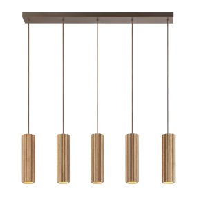 Lakewood 95cm Hout hanglamp Van Brilliant - De vijf kappen zijn op een rij geplaatst en de hoogte kan tijdens de installatie worden aangepast aan de ruimte en de gewenste plaatsing.