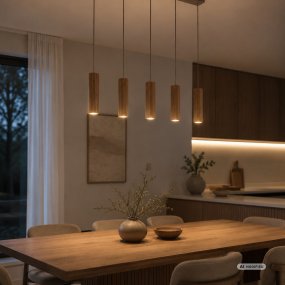 Lakewood 95cm Hout hanglamp Van Brilliant - De vijf kappen zijn op een rij geplaatst en de hoogte kan tijdens de installatie worden aangepast aan de ruimte en de gewenste plaatsing.