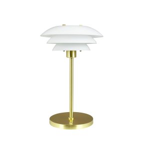 DL20 LED 30cm Messing Draagbare Van Dyberg Larsen - Den uppladdningsbara lampan har en h&ouml;jd p&aring; 30 cm och en lampsk&auml;rmsdiameter p&aring; 20 cm, vilket g&ouml;r den perfekt f&ouml;r s&auml;ngbordet, skrivbordet eller en mysig h&ouml;rna.