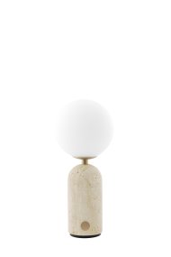 Torrano 28cm Beige travertijn Draagbare Van Globen Lighting - De lamp heeft een discrete metalen knop op de voet en kan in drie stappen worden gedimd om de juiste sfeer te cre&euml;ren.