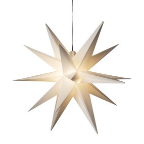 3D-ster Ø80 Wit Van Konstsmide - Hij heeft een G4-fitting en wordt geleverd met een vervangbare G4-ledlamp, een zwarte kunststof kabel van 5 meter en een transformator.