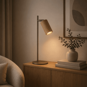 Lakewood 46cm Bruin bureaulamp Van Brilliant - De Lakewood tafellamp combineert bruin metaal met licht, geribbeld hout en creëert een warme en natuurlijke uitstraling.