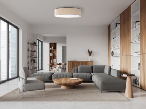 Conny Ø50 Beige plafondlamp Van Globo Lighting - Sk&auml;rmen i beige och den vita bottenplattan skapar ett fint och bl&auml;ndfritt ljus i rummet.