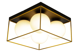 Astro 36cm Zwart plafondlamp Van Aneta Lighting - Astro plafondlamp in zwart gelakt metaal met 4 opaalwitte glazen kappen met gouden details op de voet.