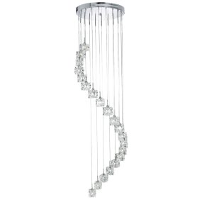Ice Cube Ø45 Chroom hanglamp Van Searchlight - Elk prisma bevat een geïntegreerde LED-lichtbron die een sterk, helder wit licht uitstraalt en een effectieve gloed creëert door het transparante glas.