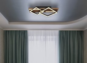 Obrien 47cm Hout plafondlamp Van Globo Lighting - Takf&auml;stet som efterliknar akustikpanel i kombination med de mattsvarta detaljerna i metall bidrar med industriell k&auml;nsla till rummet.