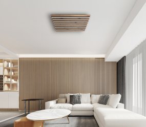 Hayden 60cm Hout plafondlamp Van Globo Lighting - Den kvadratiska plafonden Hayden &ouml;vertalar med sin moderna akustikpanel-look och bidrar med en h&auml;rlig ljusspridning i rummet.
