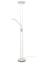 Nice Wit vloerlamp Van Aneta Lighting - Zowel de uplight van 1600 lumen als de leesarm van 400 lumen zijn dimbaar met aparte knoppen.