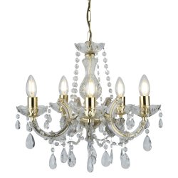 Marie Therese Ø48 Messing hanglamp Van Searchlight - De spectaculaire en sprankelende Marie Therese kroonluchter met 5 lichtpunten en een gepolijst messing frame heeft een aristocratische stijl die een theatrale sfeer geeft aan grote ruimtes.