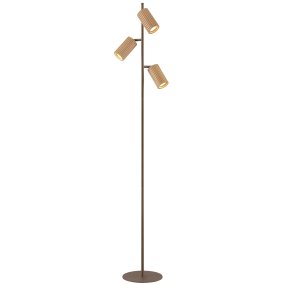 Lakewood Bruin vloerlamp Van Brilliant - Het metalen frame met gaasstructuur en de ronde voet geven een luchtige indruk, terwijl de houten details een natuurlijke uitstraling toevoegen.