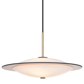 Orbit Ø40 Antiquiteit hanglamp Van Halo Design - De ronde vorm van opaalglas zorgt voor een zacht en sfeervol licht, terwijl de details in antiek messing en amberkleurig glas een warme en verfijnde toets toevoegen.