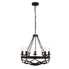 Cartwheel Ø54 Zwart hanglamp Van Searchlight - Cartwheel is een rustieke kroonluchter met vijf kaarsenhouders in een klassieke kandelaarstijl in matzwart voor een moderne uitstraling.