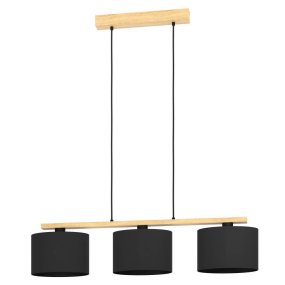 Castralvo 97cm Natuur hanglamp Van Eglo - Deze hanglamp combineert drie zwarte lampenkappen met een voet van licht hout, waardoor een harmonieuze en moderne uitstraling ontstaat.