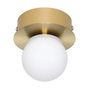 Mosiano Ø11 Goud badkamerlamp Van Eglo - Met zijn zachte, ronde glazen kap en goudkleurige metalen voet creëert hij een warm en uitnodigend licht, perfect voor kleinere ruimtes zoals de hal of de badkamer.